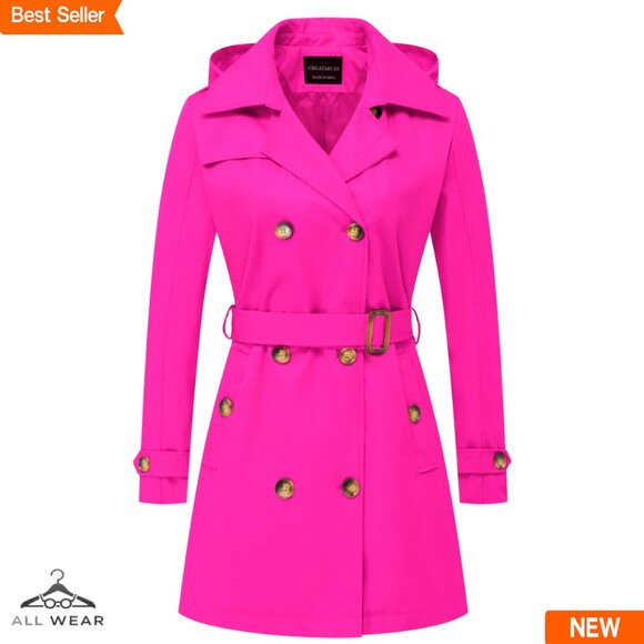 Classic Double-Breasted Trench Coat Slim Fit Detachable Hood Waterproof